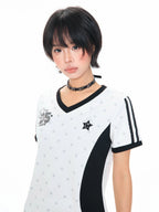 Star All Over Print V Neck Sporty Crop Tee OL2318