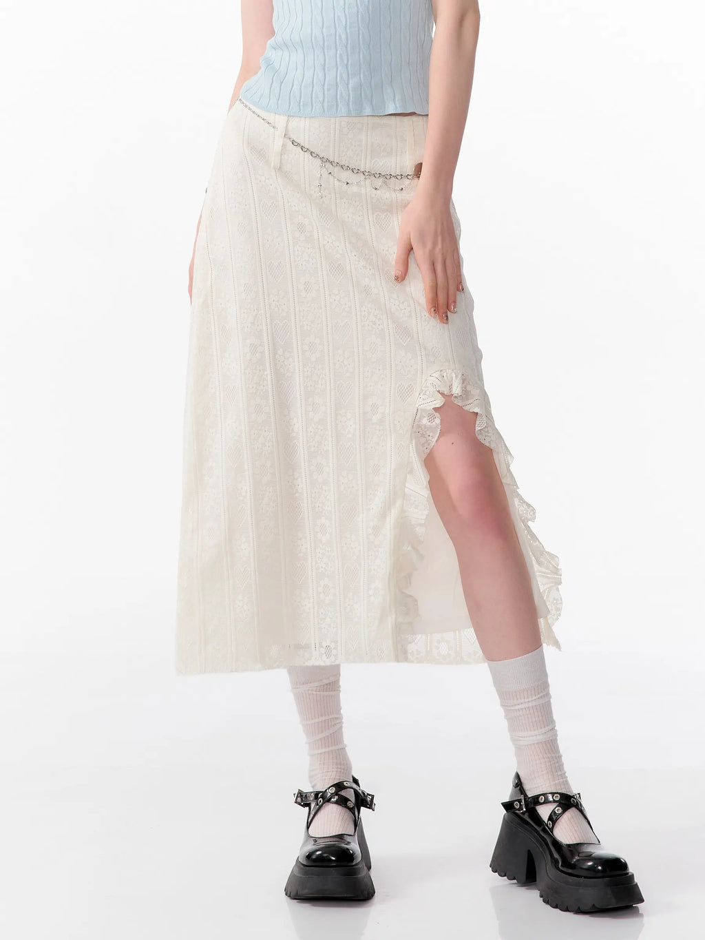 High Waist Lace Ruffle Slit Midi Skirt OL2254