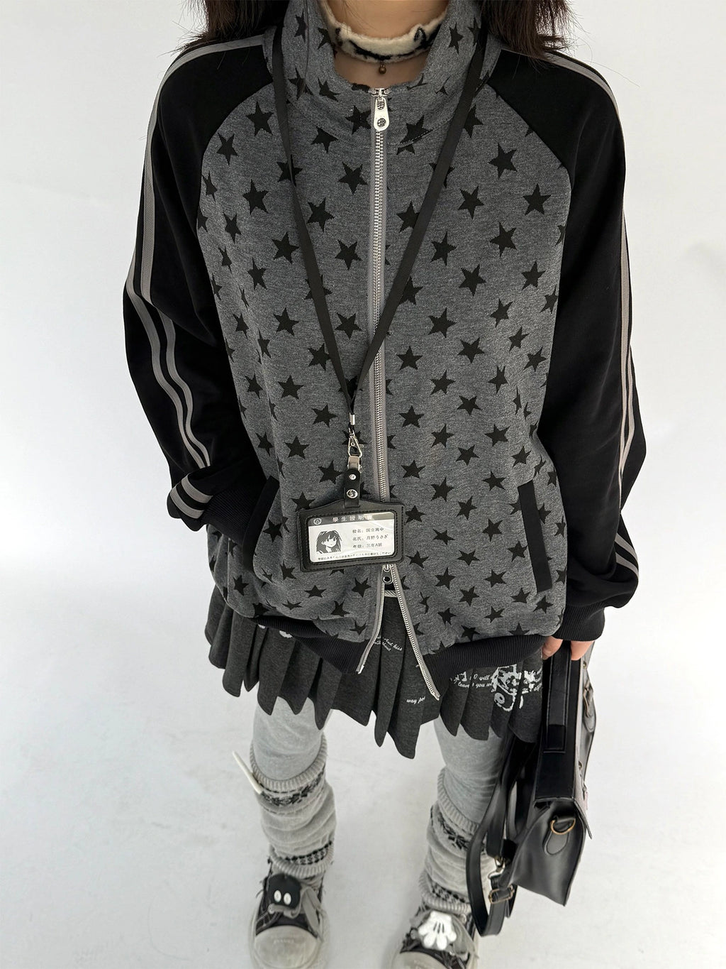 Star Print Stand Collar Double Zip Jacket OL2482