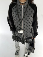Star Print Stand Collar Double Zip Jacket OL2482