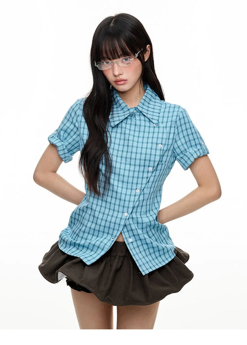 Blue Contrast Plaid Short Sleeve Shirt oliviroa オリヴィオラ