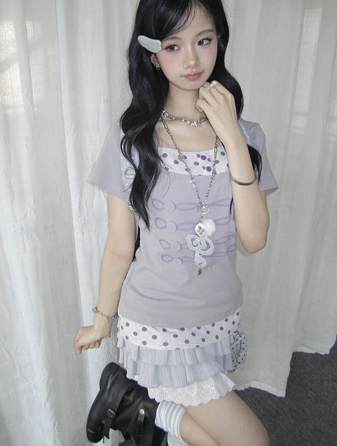 Polka Dot Faux Layered Button Tee Y2K OL2330