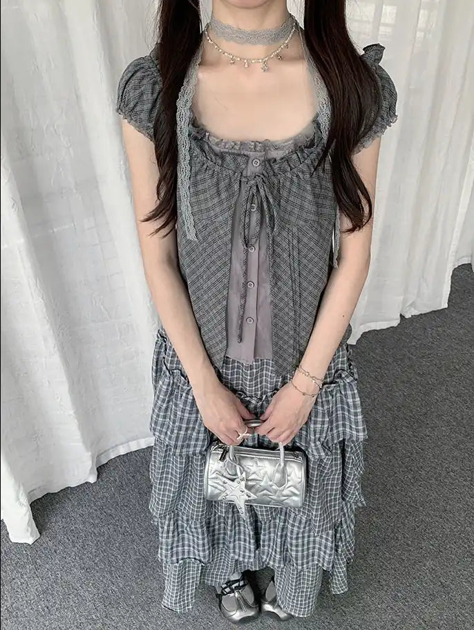 Plaid Lace Layered T-Shirt OL2278