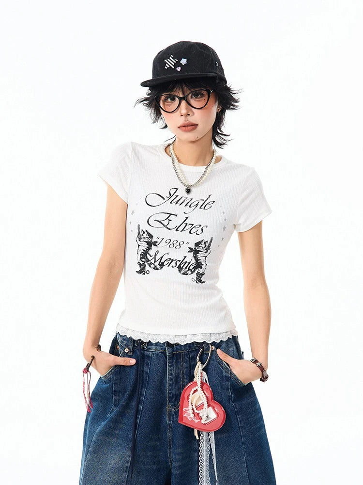 Vintage Lace Trim Fitted T Shirt OL2358