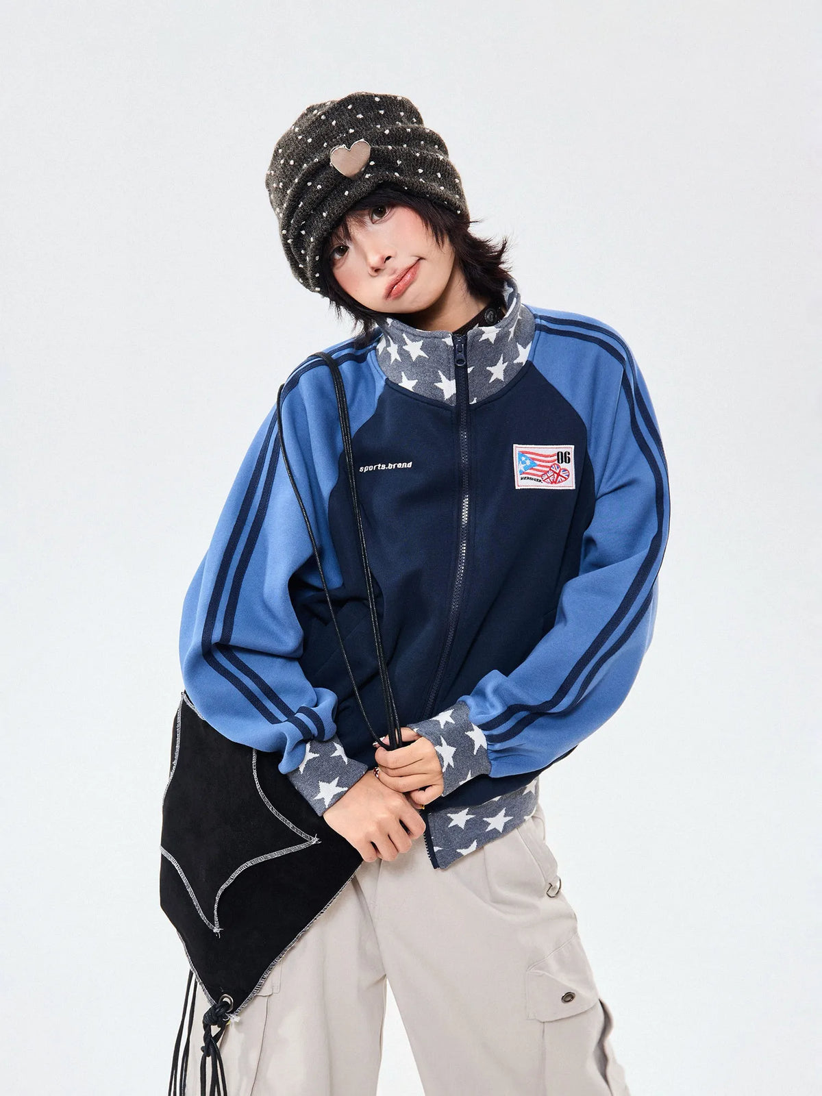 Retro Colorblock Stand Collar Zip Jacket   OL2026