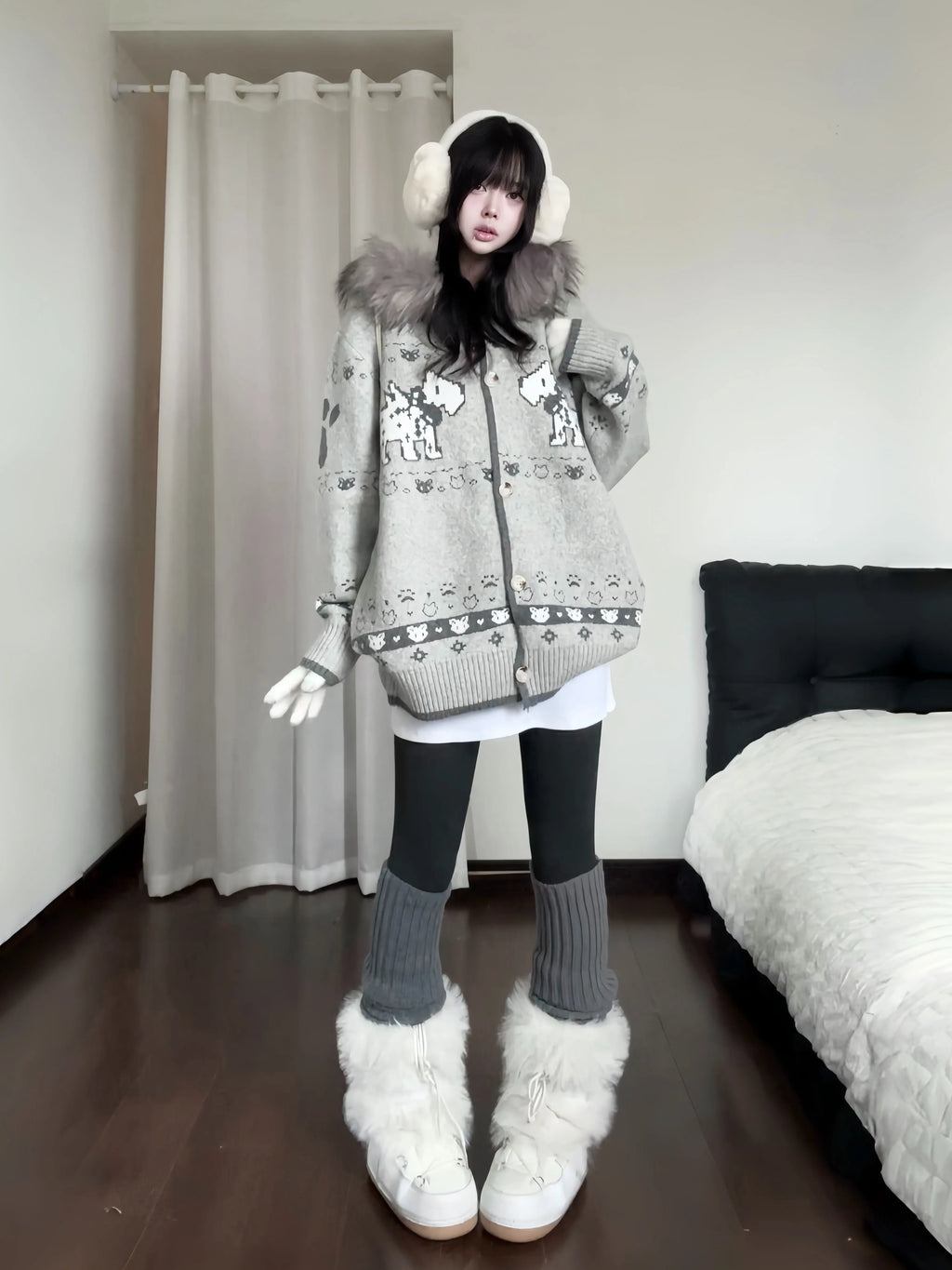 Puppy Fur Trim Hooded Knit Cardigan oliviroa オリヴィオラ