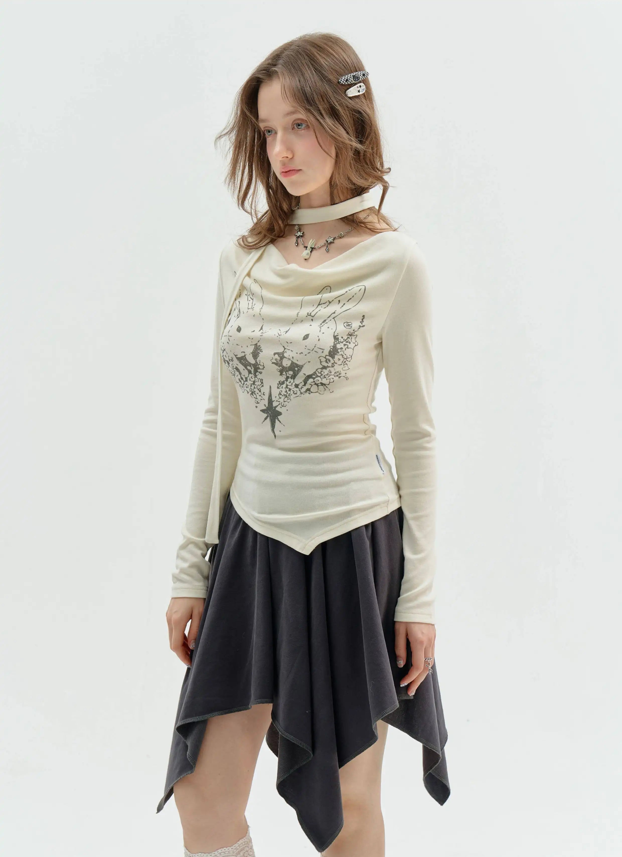 Rabbit Draped Neck Slim Fit Top OL2259