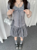 Plaid Bow Puff Sleeve Tee Y2K OL2329