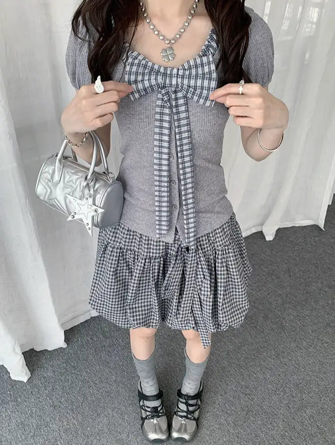 Plaid Bow Puff Sleeve Tee Y2K OL2329