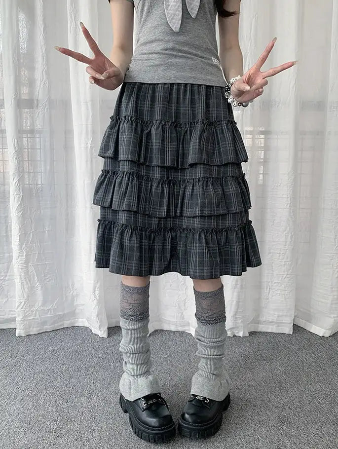 Retro Plaid Layered Ruffle Cake Mini Skirt Y2K OL2333