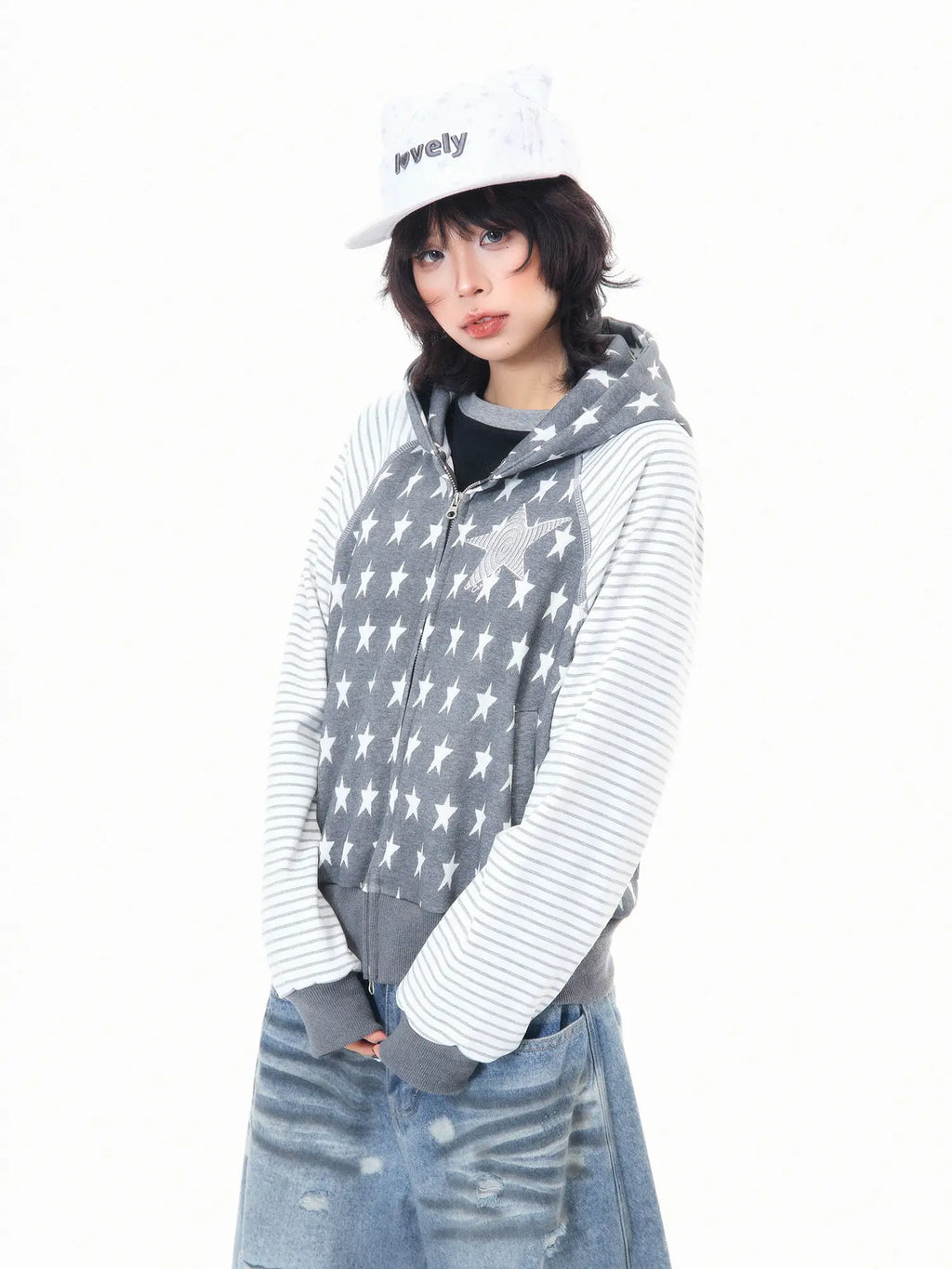 Star Embroidered Stripe Cropped Hoodie OL2384