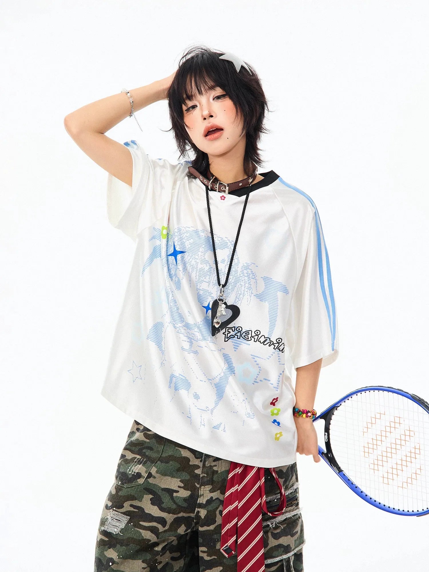 Vintage Cartoon Jersey V-Neck Oversized Short Sleeve Tee OL2273
