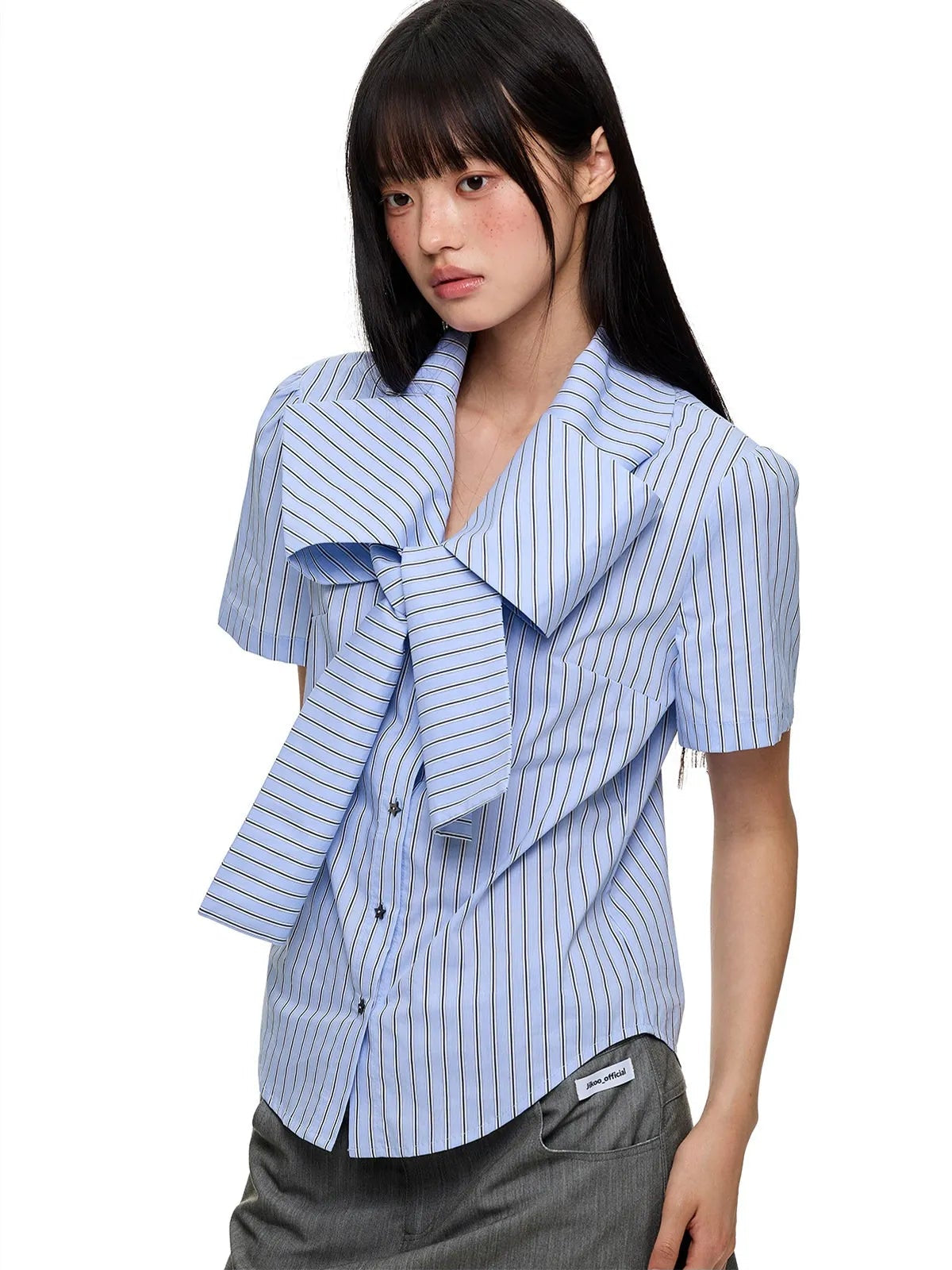 Ribbon Detail Rhinestone Stripe Fitted Shirt OL2267