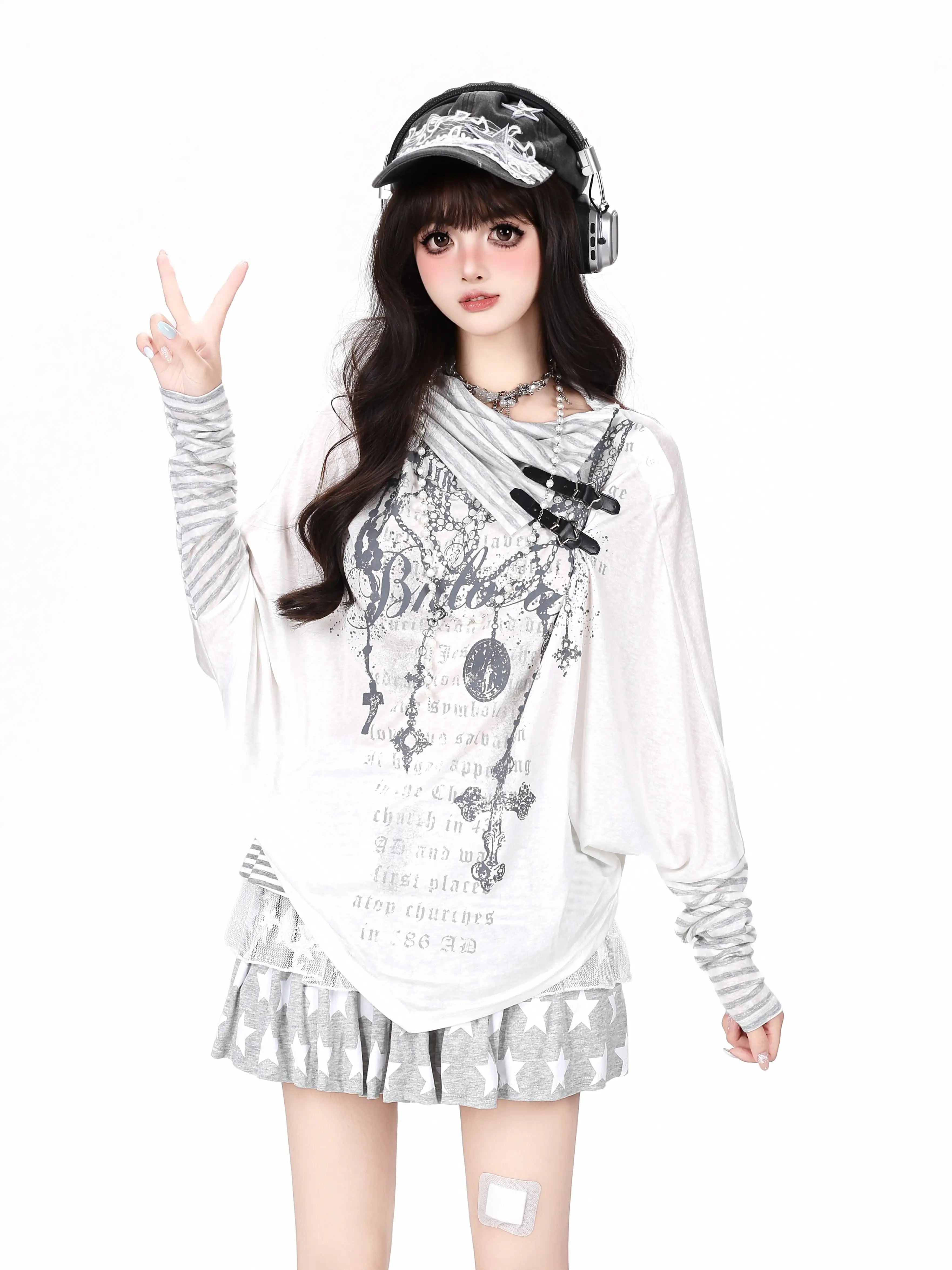 Gothic Stripe Layered Long Sleeve T Shirt OL2376
