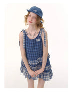 Asymmetrical Hem Blue Plaid Cami Dress OL2262