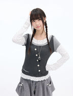 Polka Dot Lace Layered Fitted Long Sleeve Tee OL2397