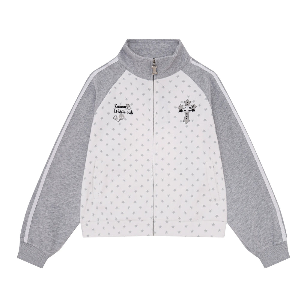 Star Embroidered Stripe Zip Up Sweatshirt OL2378