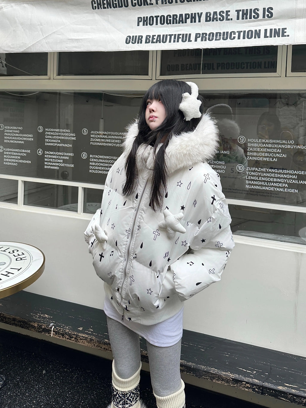 Star Embossed Detachable Fur Collar Puffer oliviroa オリヴィオラ