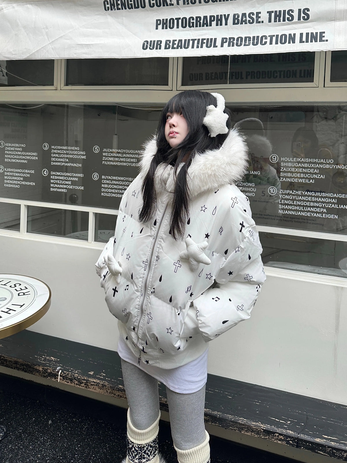 Star Embossed Detachable Fur Collar Puffer oliviroa オリヴィオラ