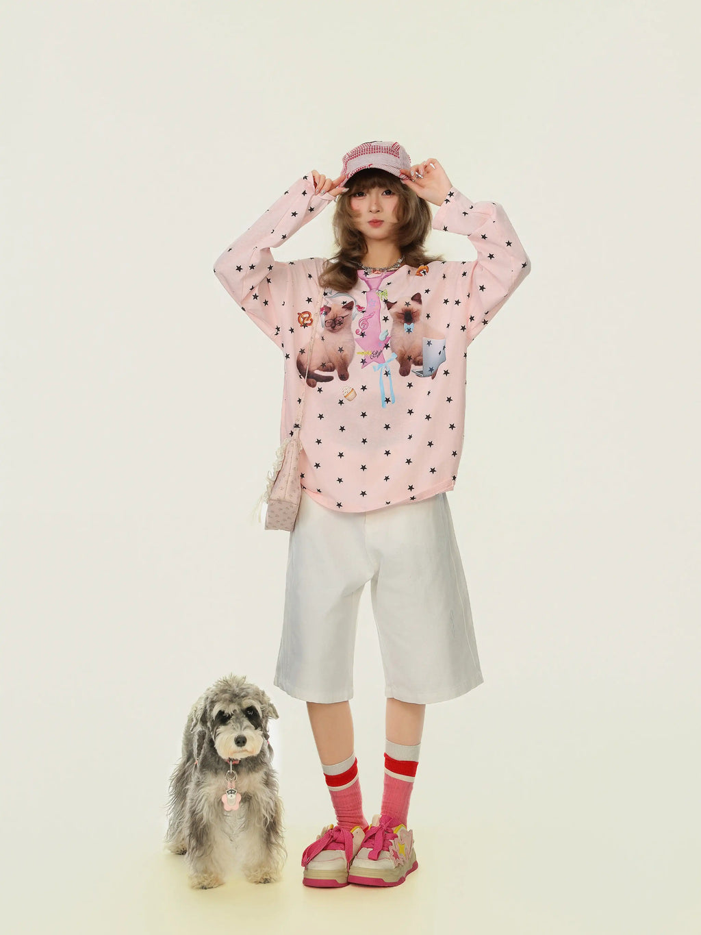 Cat Star Print Off Shoulder Long Sleeve Top OL2345