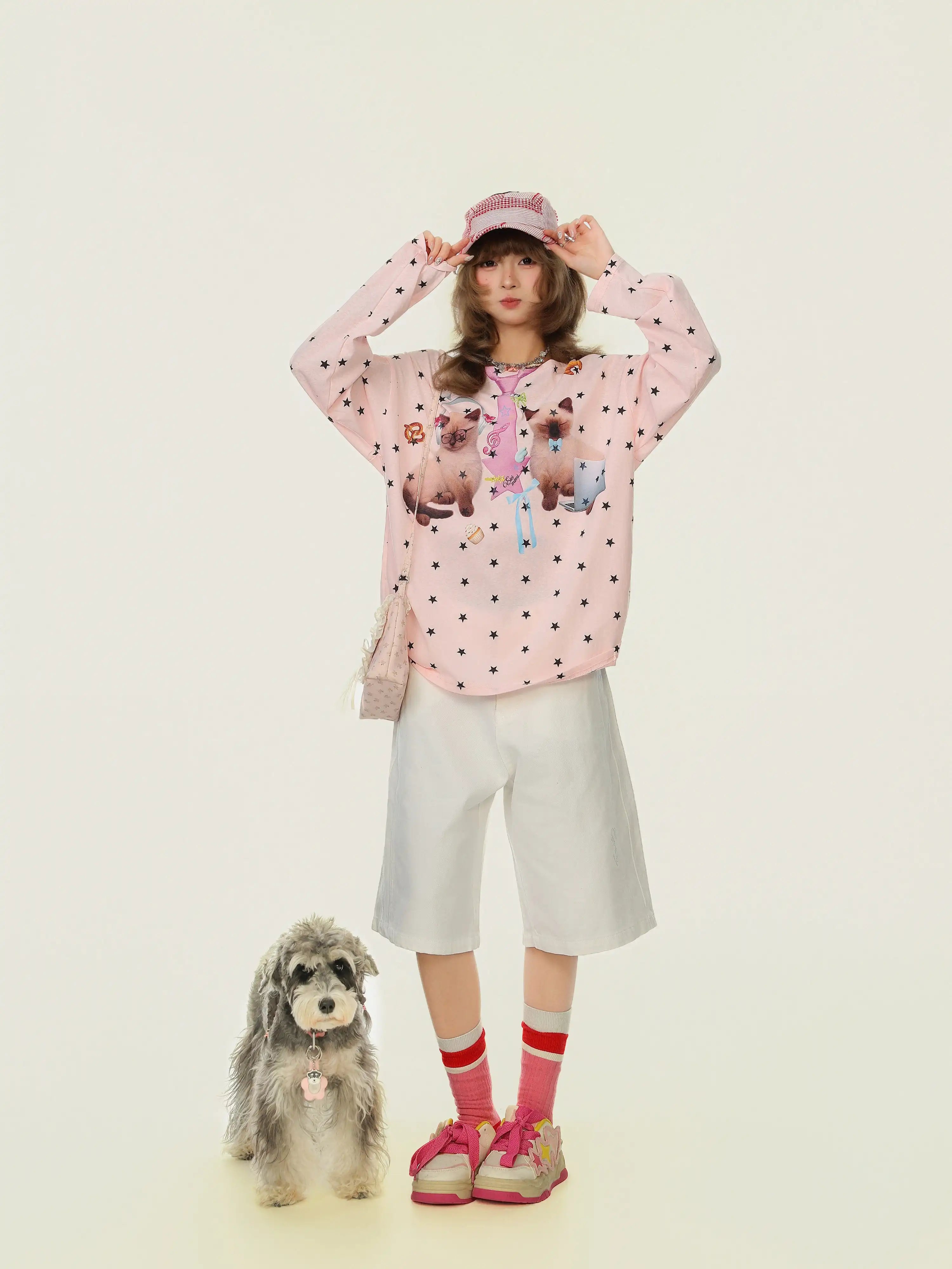 Cat Star Print Off Shoulder Long Sleeve Top OL2345