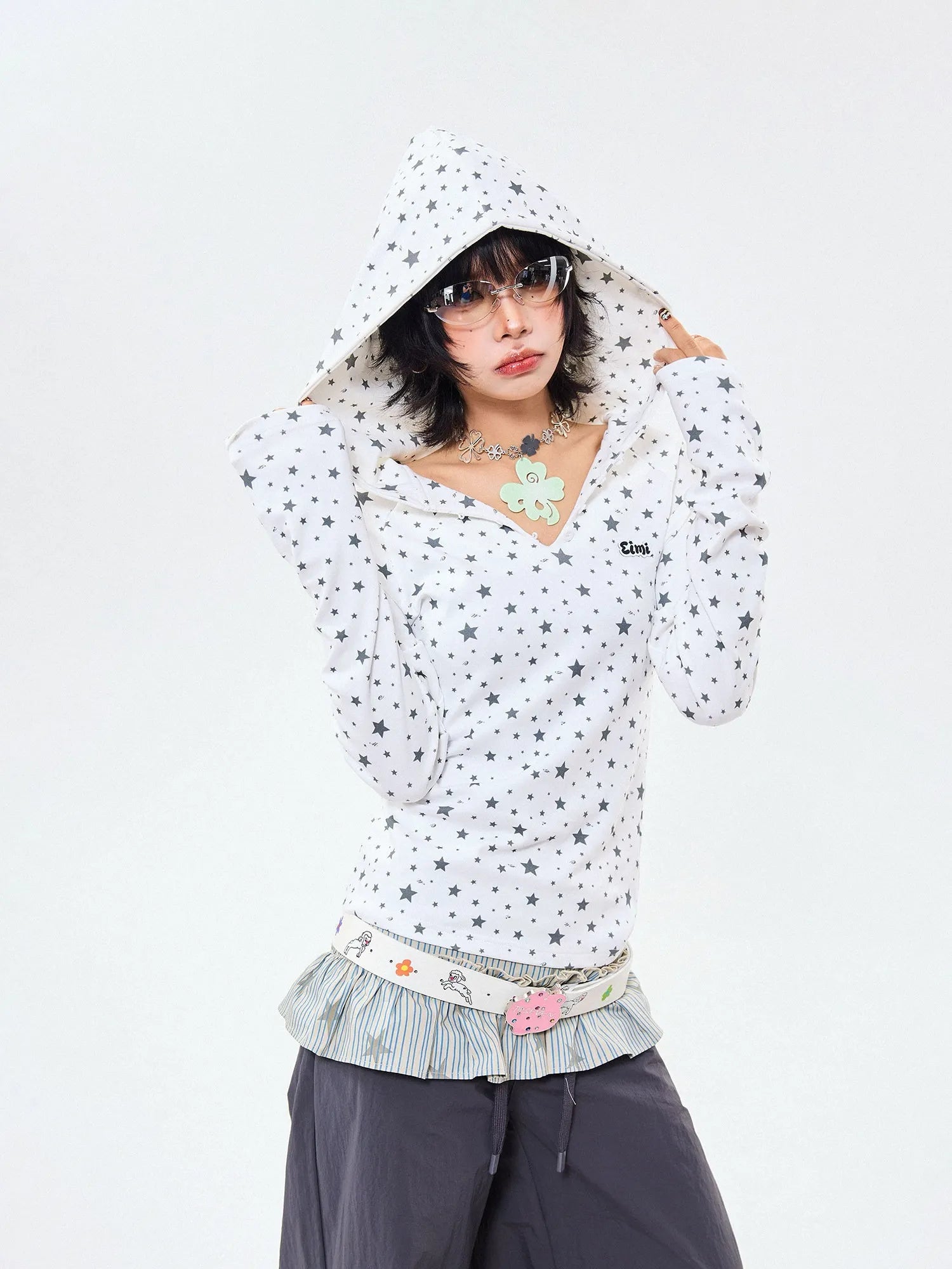 Star Wing Print Hooded Long Sleeve Fitted Top OL2272