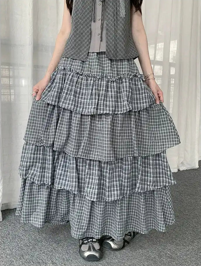 Layered Check Cake Skirt Dress  oliviroa オリヴィオラ