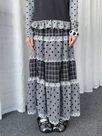 Lace Trim Polka Dot Tiered Midi Skirt oliviroa オリヴィオラ
