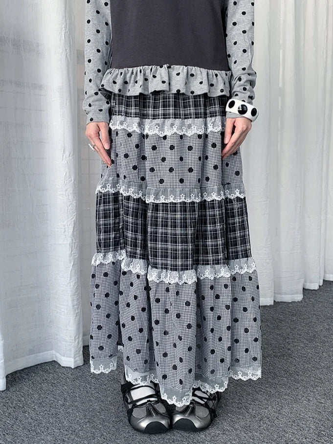 Lace Trim Polka Dot Tiered Midi Skirt oliviroa オリヴィオラ