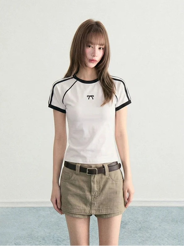 Blue Bow Stripe Raglan Cropped Fitted Sporty Tee OL2314