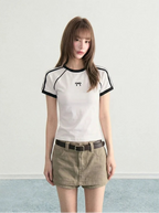 Blue Bow Stripe Raglan Cropped Fitted Sporty Tee OL2314