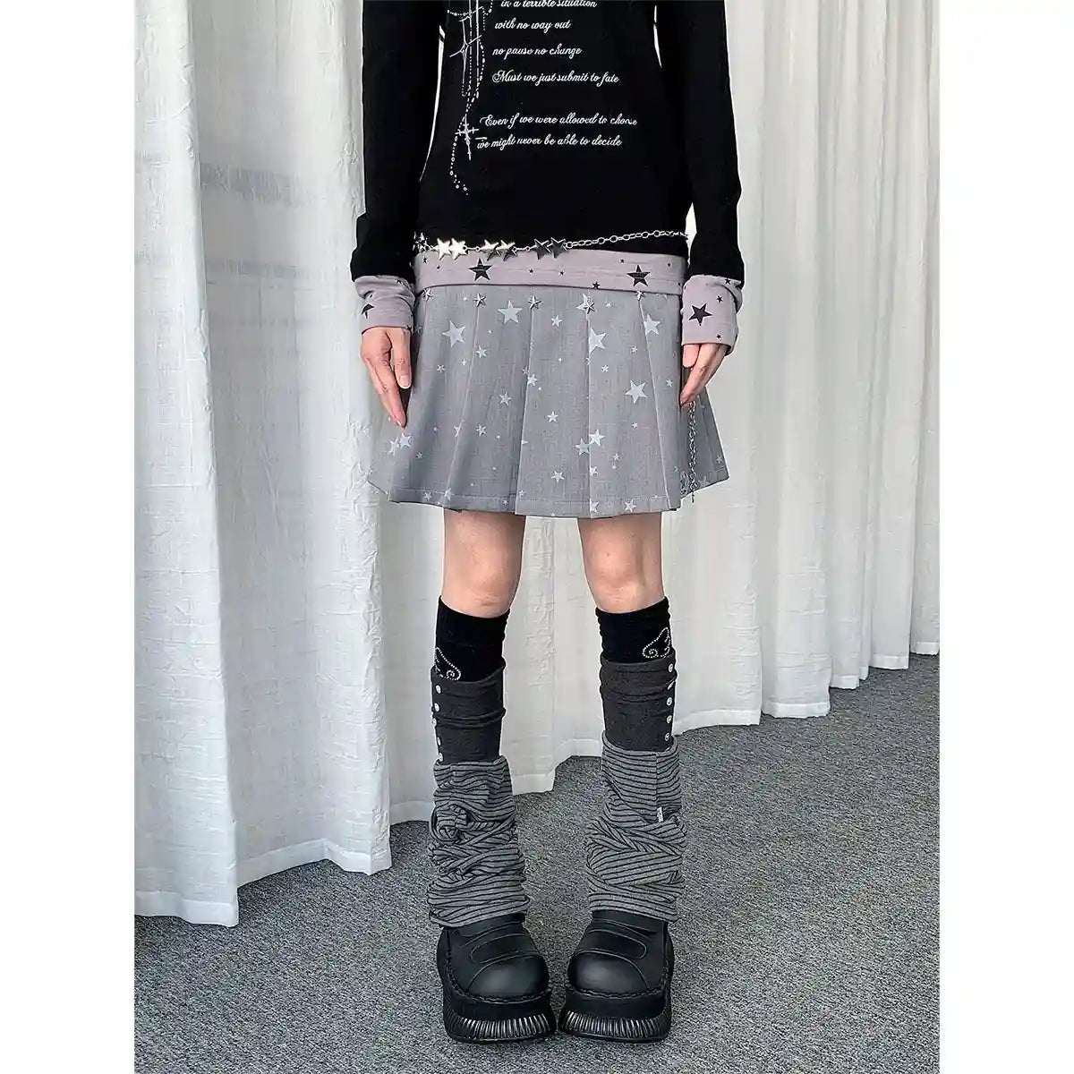 Y2K Star Print Pleated Skirt   OL2238