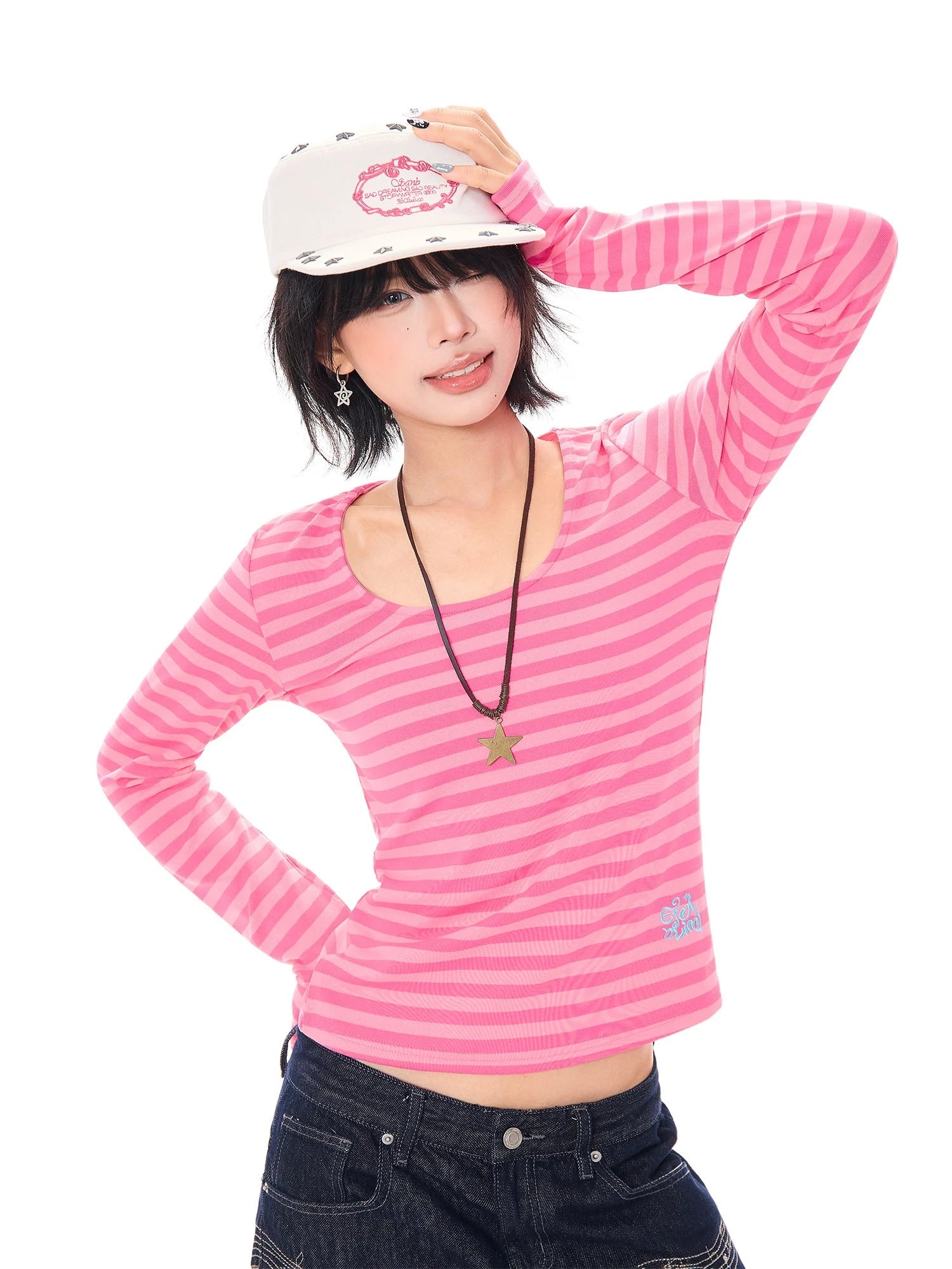 Pink Stripe U Neck Long Sleeve T Shirt oliviroa オリヴィオラ