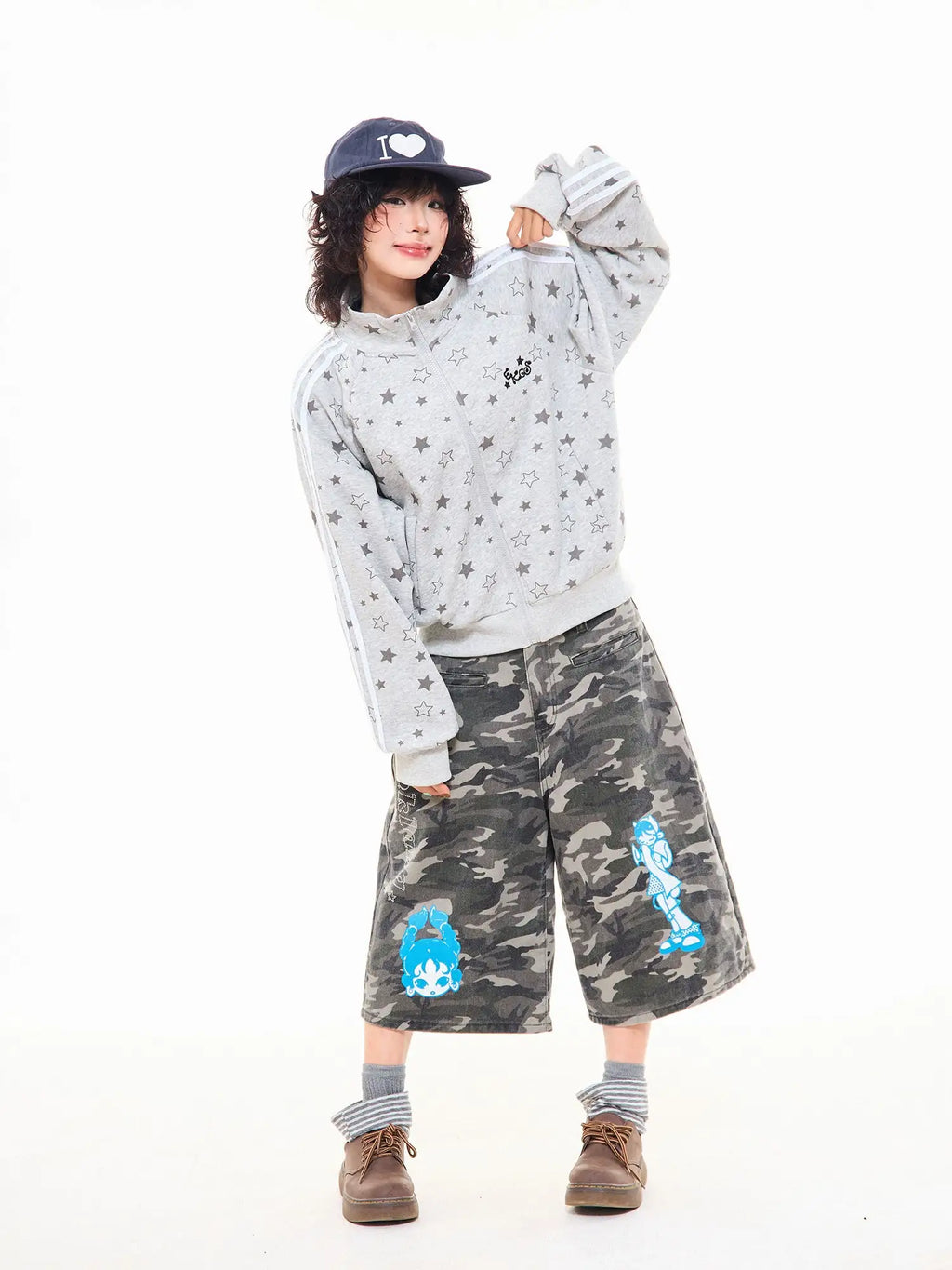 Star Print Oversized Stand Collar Zip Hoodie Cardigan OL2323