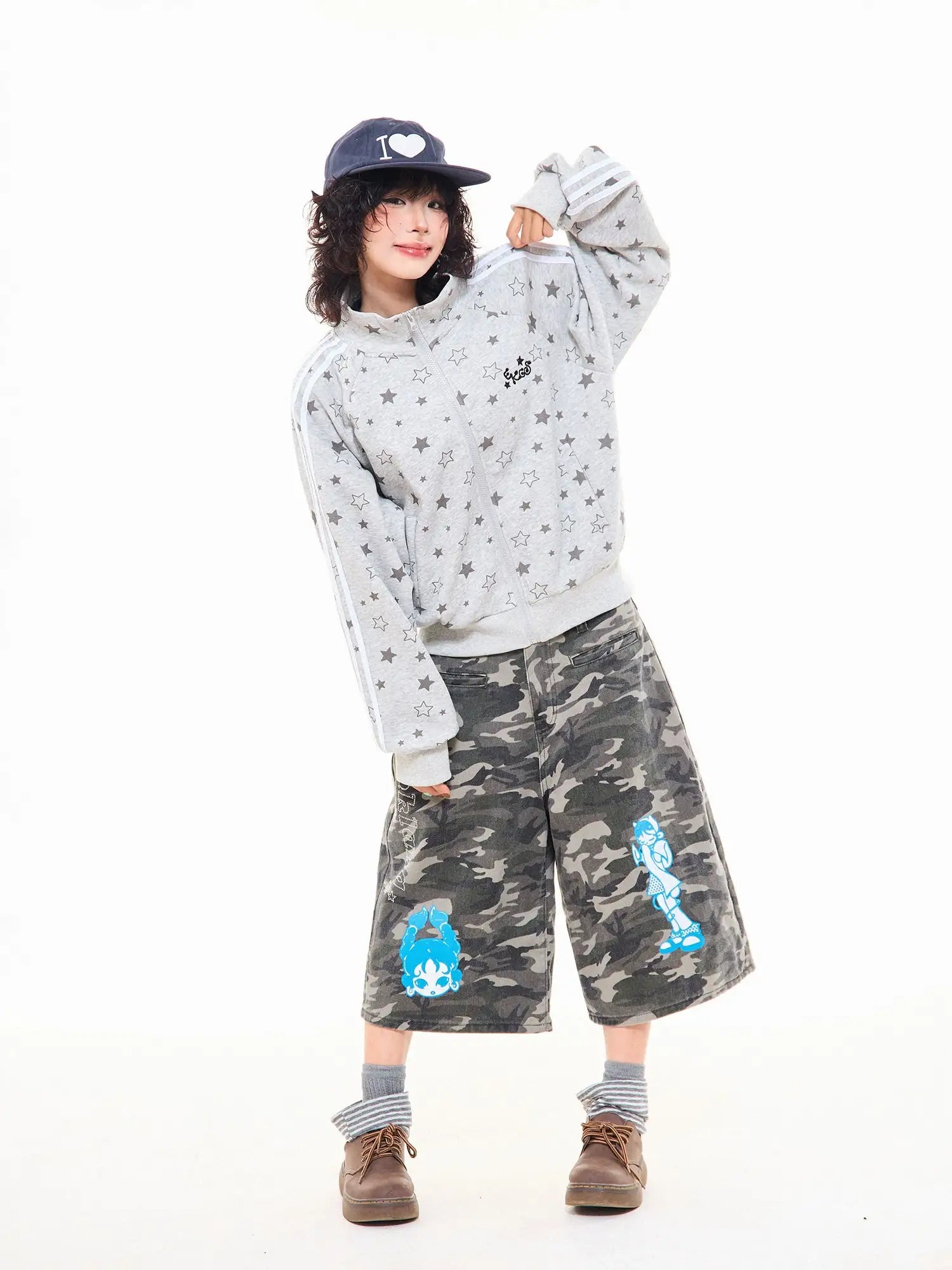 Star Print Oversized Stand Collar Zip Hoodie Cardigan OL2323
