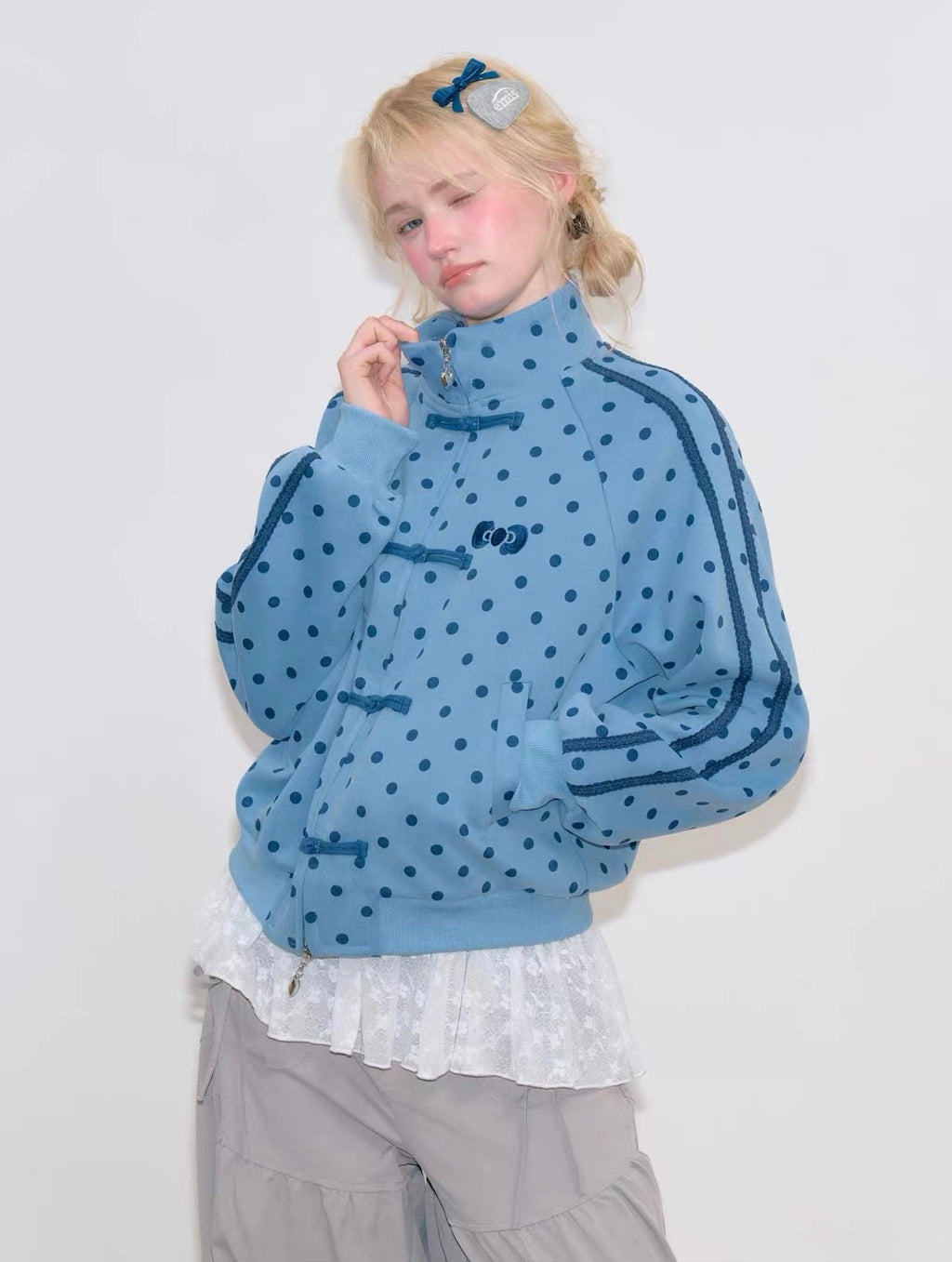 Polka Dot Frog Closure Zip Jacket OL2459