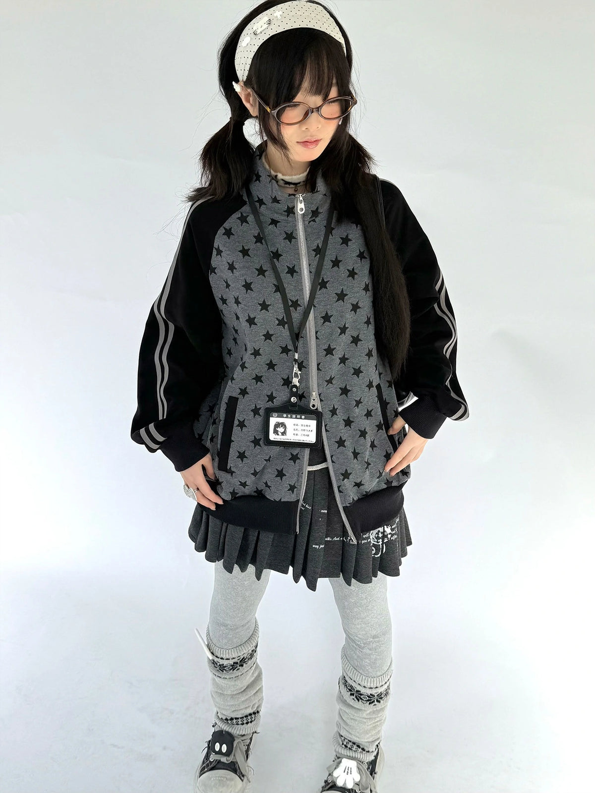 Star Print Stand Collar Double Zip Jacket OL2482