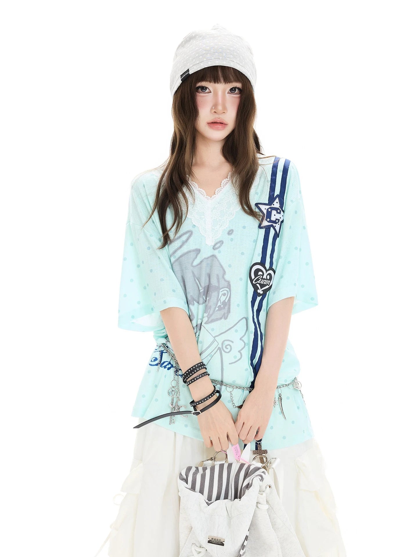 Polka Dot Lace V Neck T Shirt oliviroa オリヴィオラ