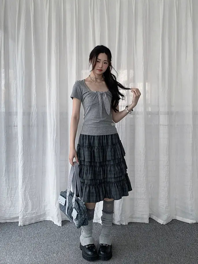Retro Plaid Layered Ruffle Cake Mini Skirt Y2K OL2333