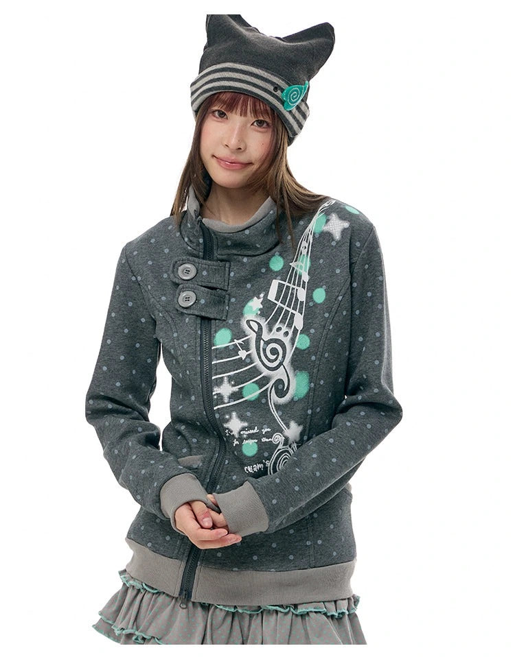 Music Note Polka Dot Stand Collar Zip Jacket oliviroa オリヴィオラ