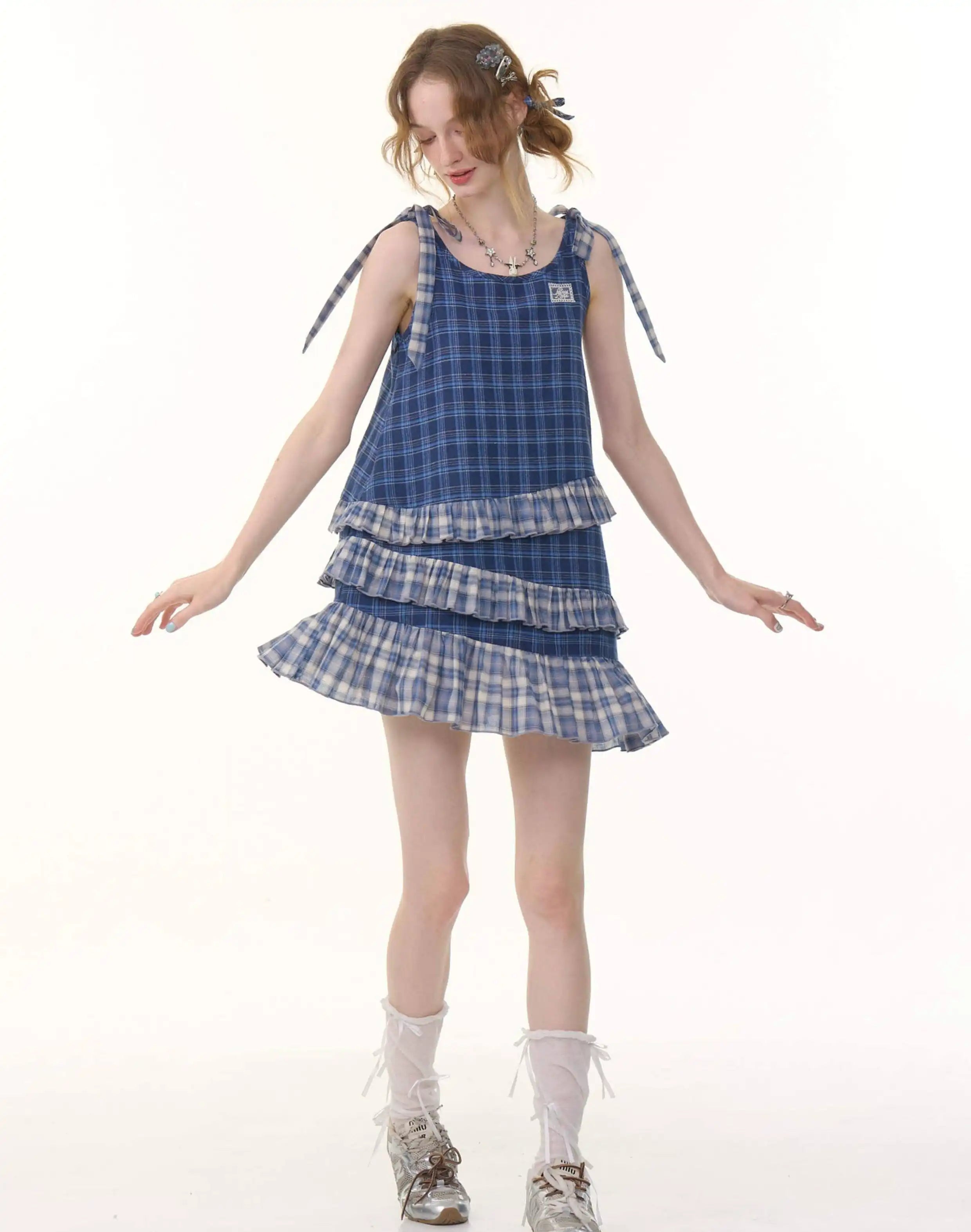 Asymmetrical Hem Blue Plaid Cami Dress OL2262