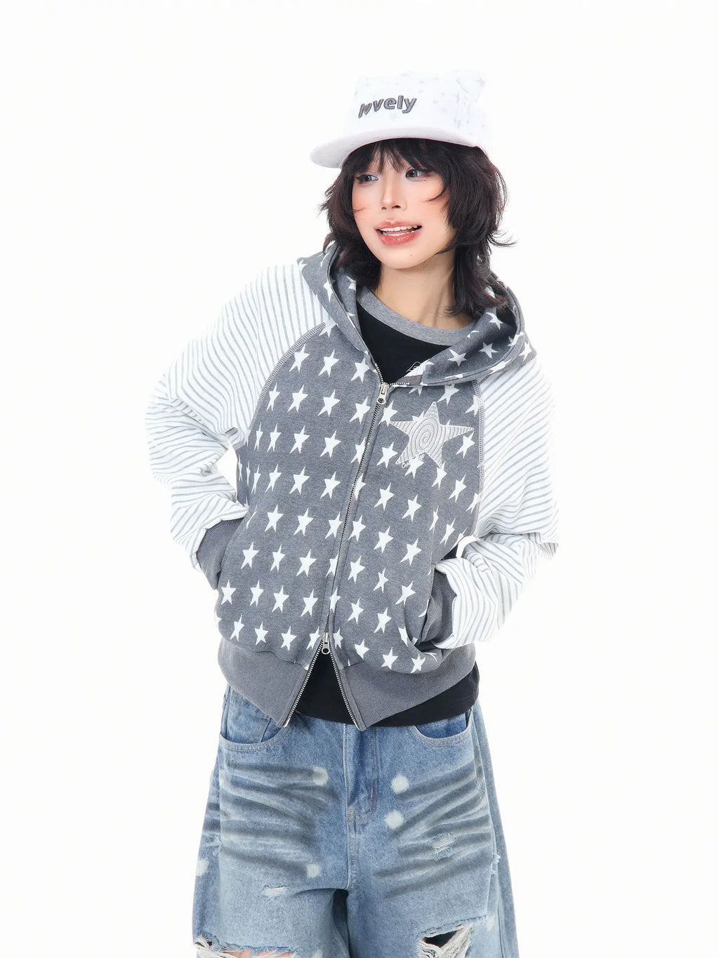 Star Embroidered Stripe Cropped Hoodie OL2384