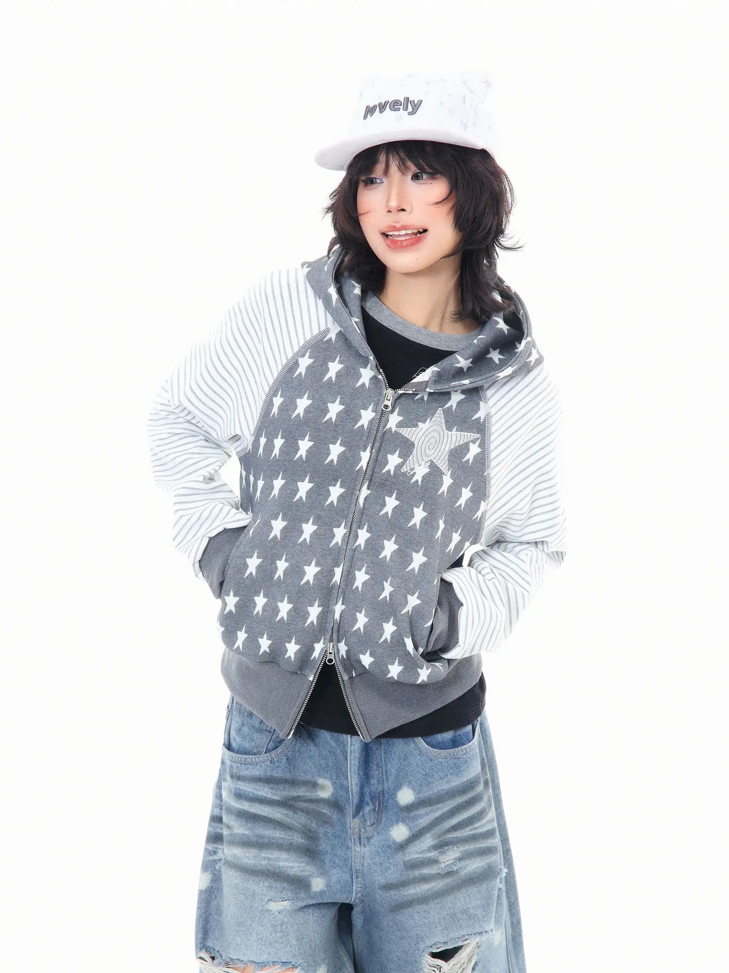 Star Embroidered Stripe Cropped Hoodie OL2384
