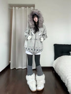 Puppy Fur Trim Hooded Knit Cardigan OL2446
