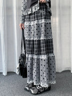 Lace Trim Polka Dot Tiered Midi Skirt OL2439