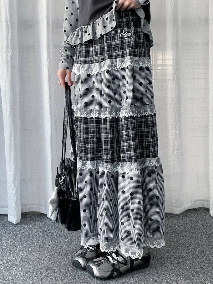 Lace Trim Polka Dot Tiered Midi Skirt OL2439