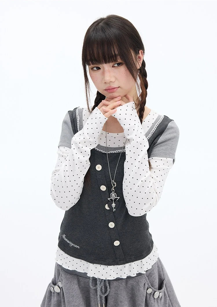 Polka Dot Lace Layered Fitted Long Sleeve Tee OL2397