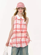 Red Plaid Doll Collar Sleeveless Dress oliviroa オリヴィオラ