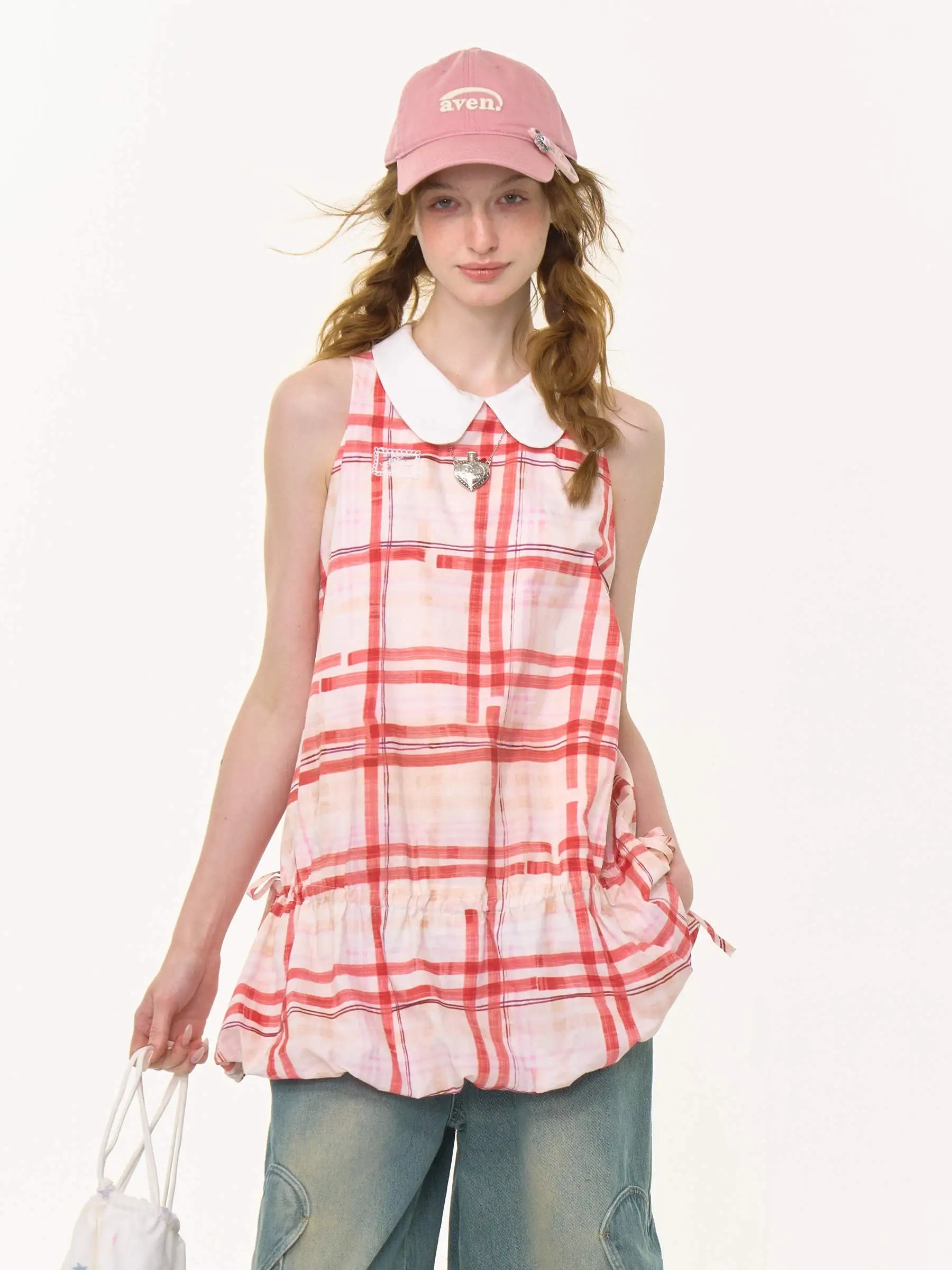 Red Plaid Doll Collar Sleeveless Dress oliviroa オリヴィオラ