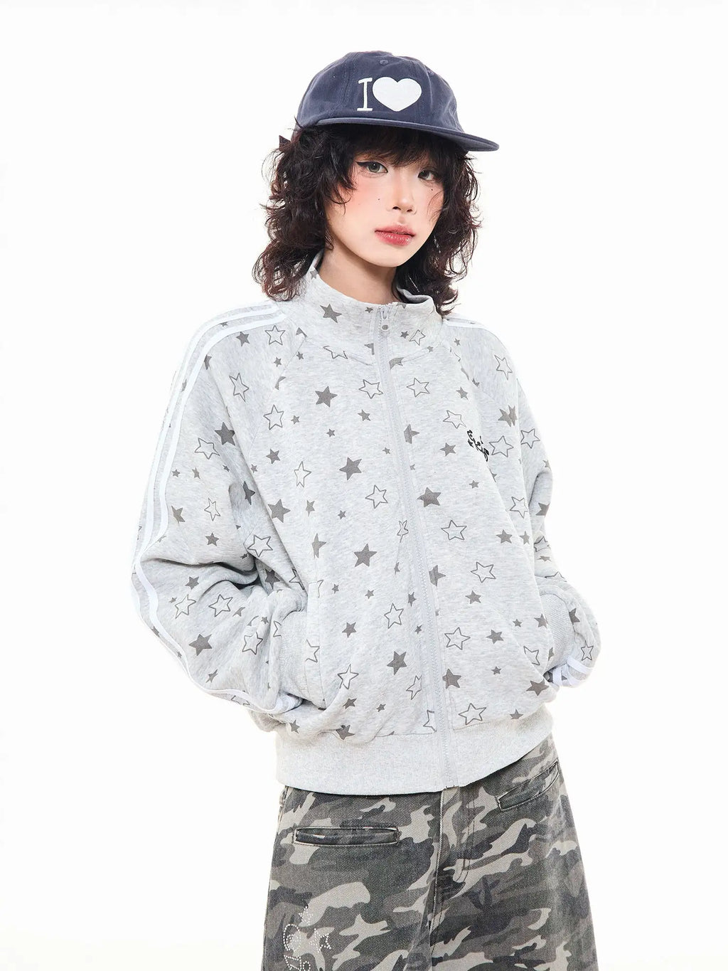 Star Print Oversized Stand Collar Zip Hoodie Cardigan OL2323